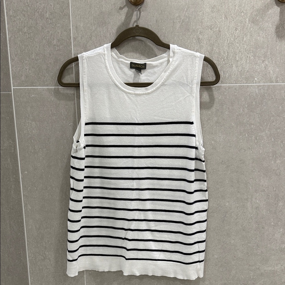 Style & Co White and Navy Striped Sweater Tank Top